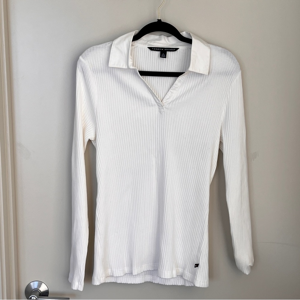 Tommy Hilfiger White Long Sleeve Collared V-Neck Top
